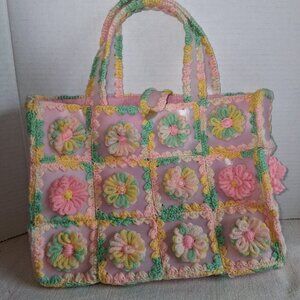 Vintage yarn Crochet Tote Bag 3D Flowers granny square pastel pink Handmade